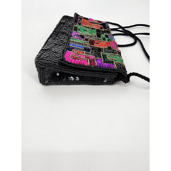 Geometric Sequin Crossbody Shoulder Bag Black with Multicolor Flap - Picture 6 of 13
